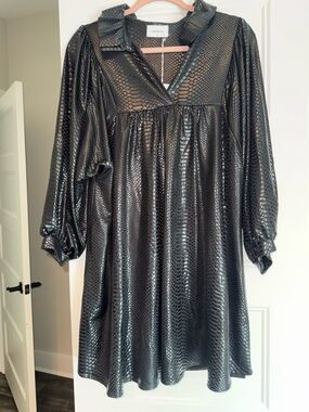 Adrienne Black Snake-Embossed V-Neck Dress